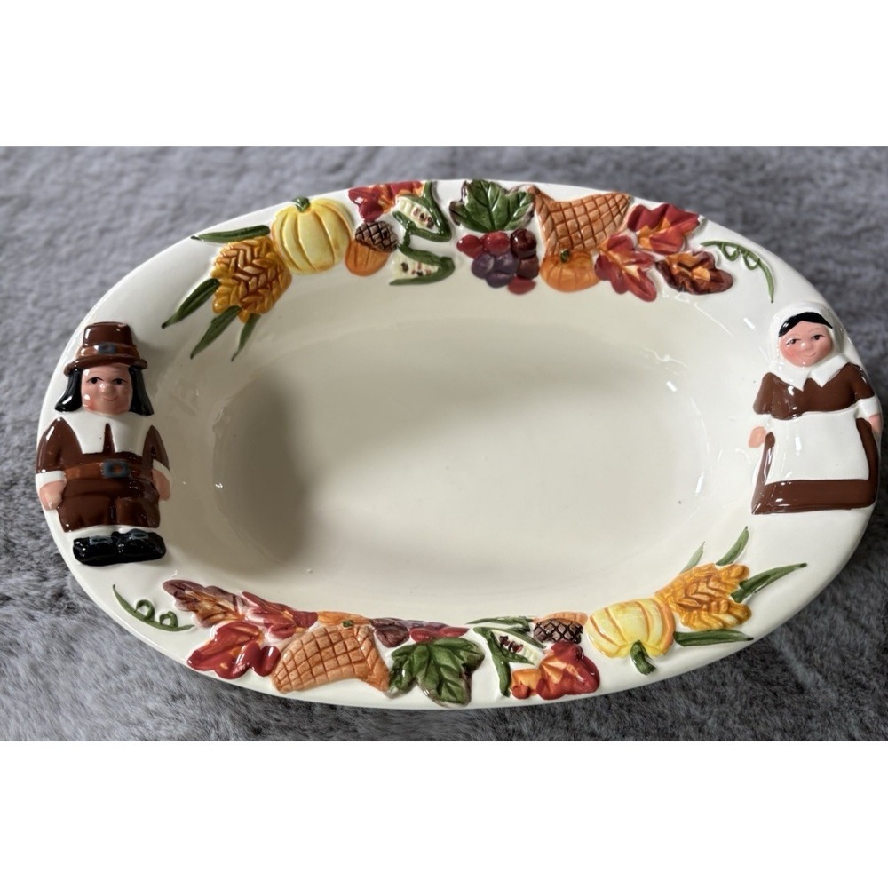 Publix Thanksgiving Oval Serving Bowl Ceramic 12"x 8" x 2.5" pair pilgrims